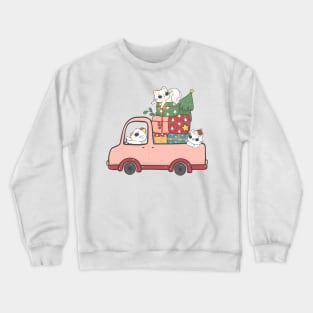 cute Christmas doodle cats and friends on car cartoon green and red Crewneck Sweatshirt